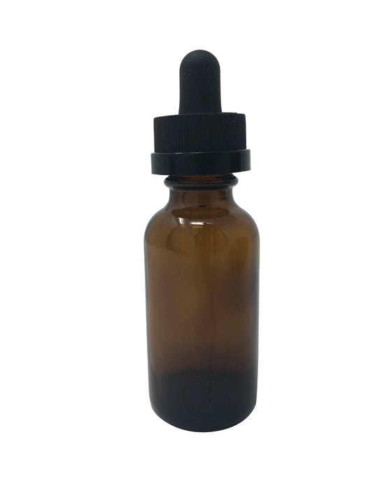 1 oz (30 mL) Amber Glass Bottle with Child Resistant Dropper.
