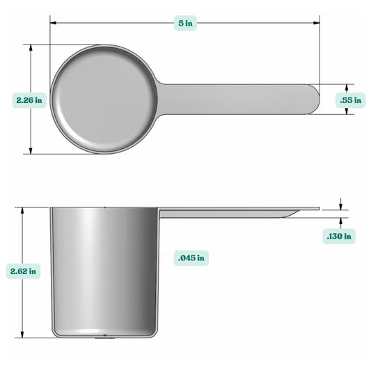 Graphic showing a 5 oz (148 cc) plastic measuring scoop with labeled height and width dimensions.