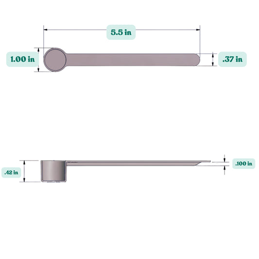 Graphic showing a 4 mL, 1/4 tablespoon, 3/4 teaspoon, plastic measuring scoop with labeled height and width dimensions.