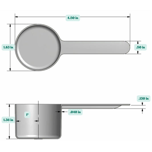 Graphic showing a 1.69 oz (50 cc) plastic measuring scoop with labeled height and width dimensions.