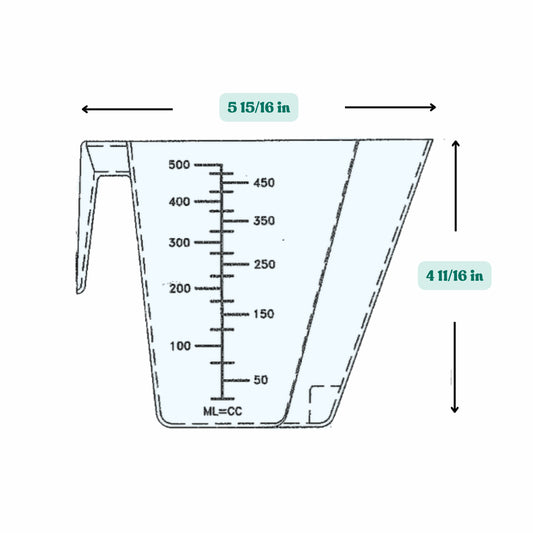 Graphic showing a 16 oz (500 cc) plastic measuring scoop with labeled height and width dimensions.