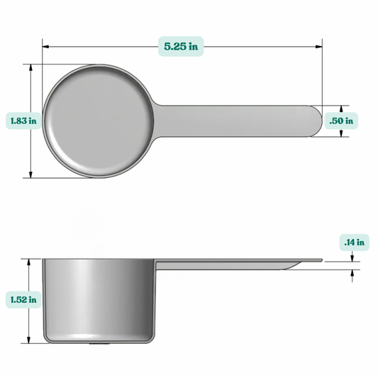 Graphic showing a 1. 86oz (55 cc) plastic measuring scoop with labeled height and width dimensions.
