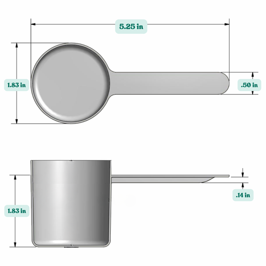 Graphic showing a 2.27 oz (67 cc) plastic measuring scoop with labeled height and width dimensions.