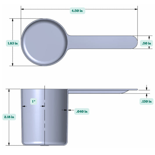 Graphic showing a 80 cc, 1/3 cup, 2.7 fl oz., 80 mL, plastic measuring scoop with labeled height and width dimensions.
