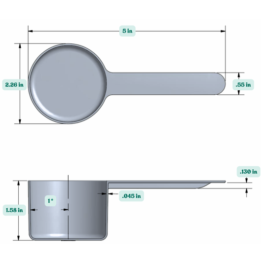 Graphic showing a 90 cc plastic measuring scoop with labeled height and width dimensions.