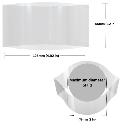 Graphic showing the dimensions of the product, including height, width, and diameter.. Arrows and lines indicate measurement points on the product.