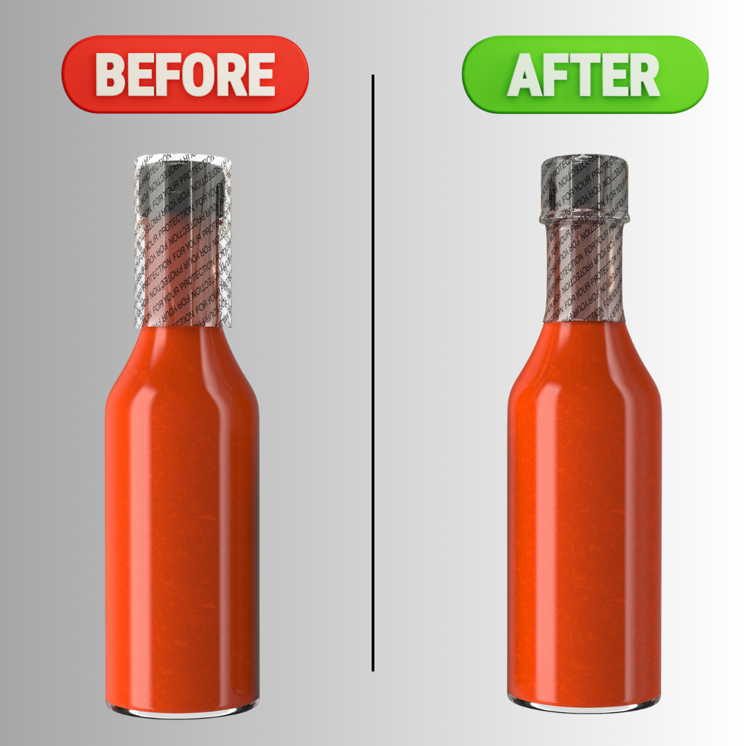 Comparison of a ketchup bottle labeled 'Before' and 'After' on a gray background.