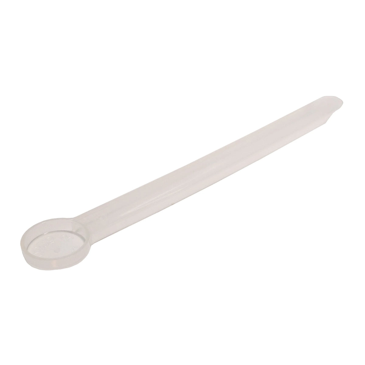 A clear plastic measuring scoop, .625 cc, 1/8 teaspoon, used for supplements, protein powder, liquid, or bulk dry ingredients