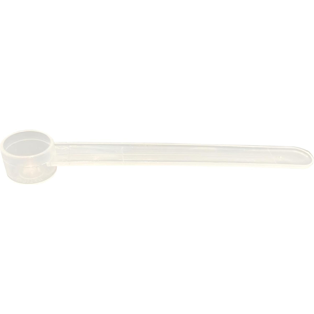 A clear plastic measuring scoop, 1.5 ml (1.5 cc), used for supplements, protein powder, liquid, or bulk dry ingredients
