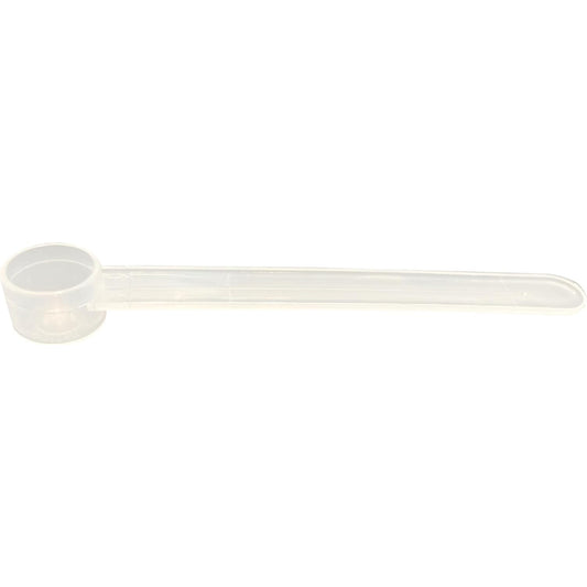 A clear plastic measuring scoop, 1.5 ml (1.5 cc), used for supplements, protein powder, liquid, or bulk dry ingredients
