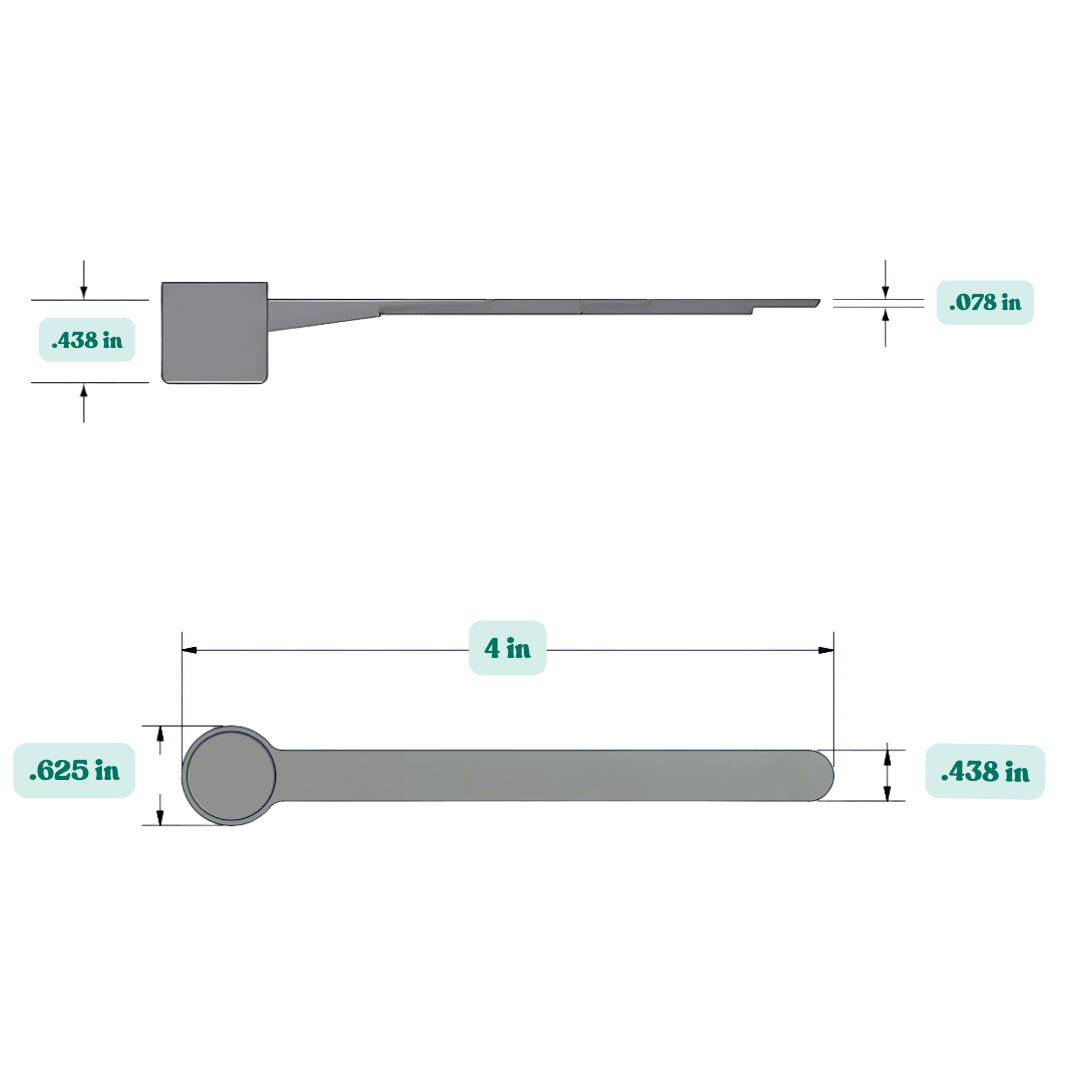 Graphic showing a 1.5 ml (1.5 cc) plastic measuring scoop with labeled height and width dimensions.