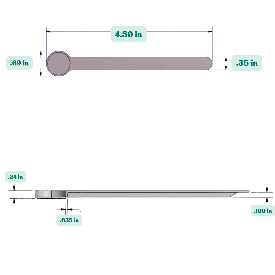 Graphic showing a 1 mL (1 cc) plastic measuring scoop with labeled height and width dimensions.