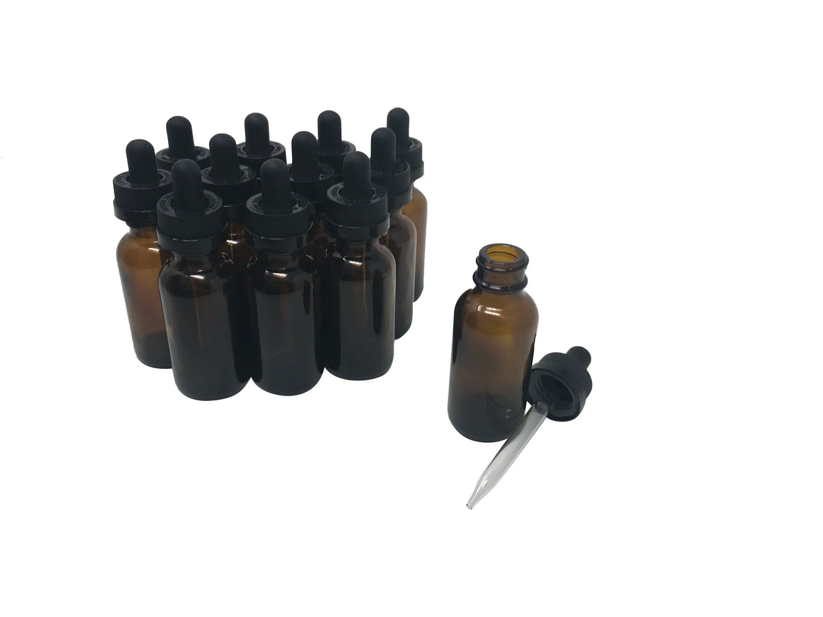 1 oz (30 mL) Amber Glass Bottle with Child Resistant Dropper.