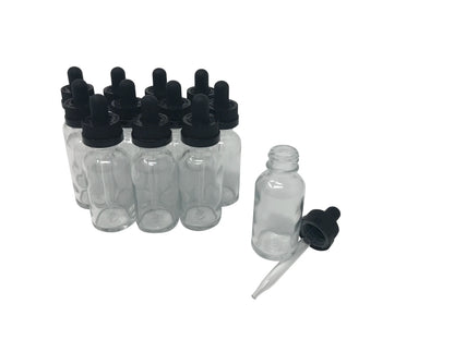 1 oz (30 mL) Clear Glass Bottle with Child Resistant Dropper.