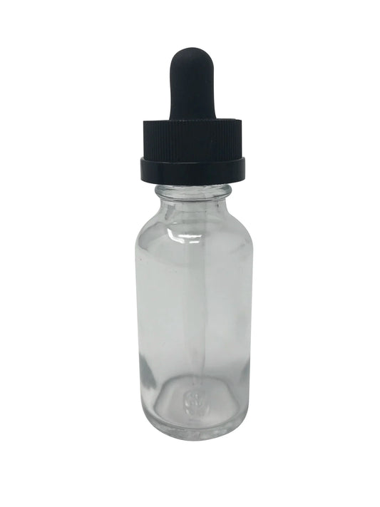 1 oz (30 mL) Clear Glass Bottle with Child Resistant Dropper.