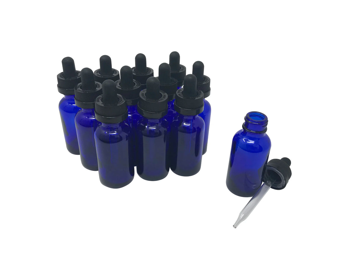 1 oz (30 mL) Cobalt Blue Glass Bottle with Child Resistant Dropper.