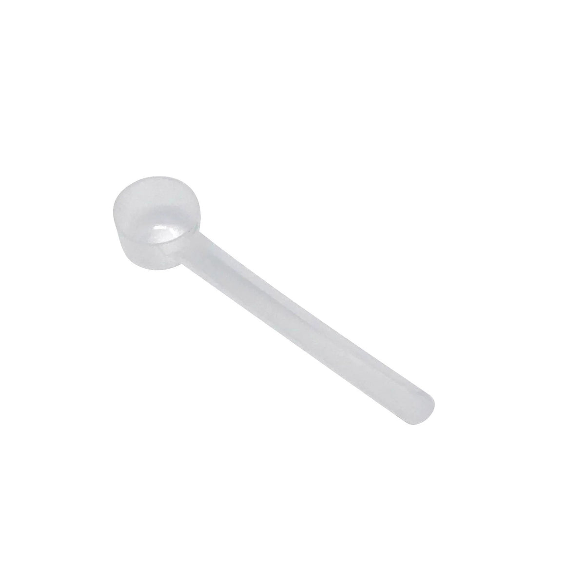 A clear plastic measuring scoop, 2 teaspoon, 10 cc, used for supplements, protein powder, liquid, or bulk dry ingredients