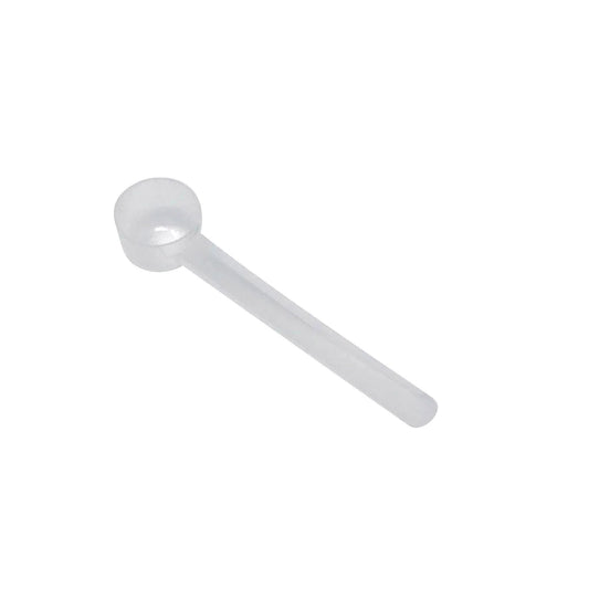 A clear plastic measuring scoop, 2 teaspoon, 10 cc, used for supplements, protein powder, liquid, or bulk dry ingredients