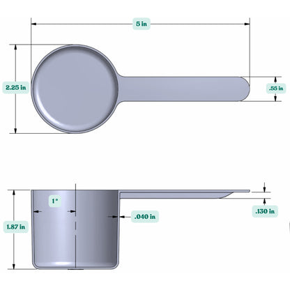 Graphic showing a 3.58 oz (106 cc) plastic measuring scoop with labeled height and width dimensions.