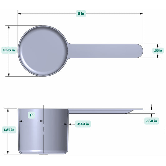 Graphic showing a 3.58 oz (106 cc) plastic measuring scoop with labeled height and width dimensions.