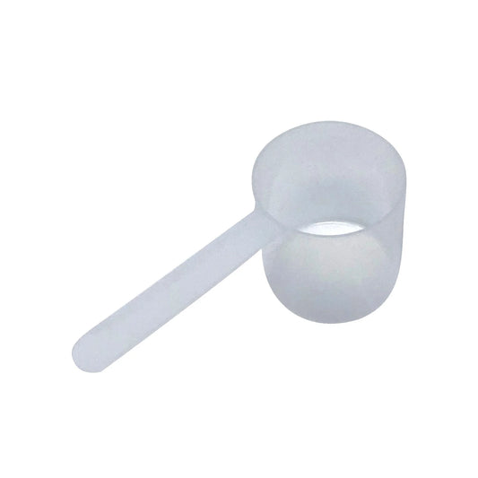 A clear plastic measuring scoop, 4 fl oz, 1/2 Cup, 118.4 cc, used for supplements, protein powder, liquid, or bulk dry ingredients