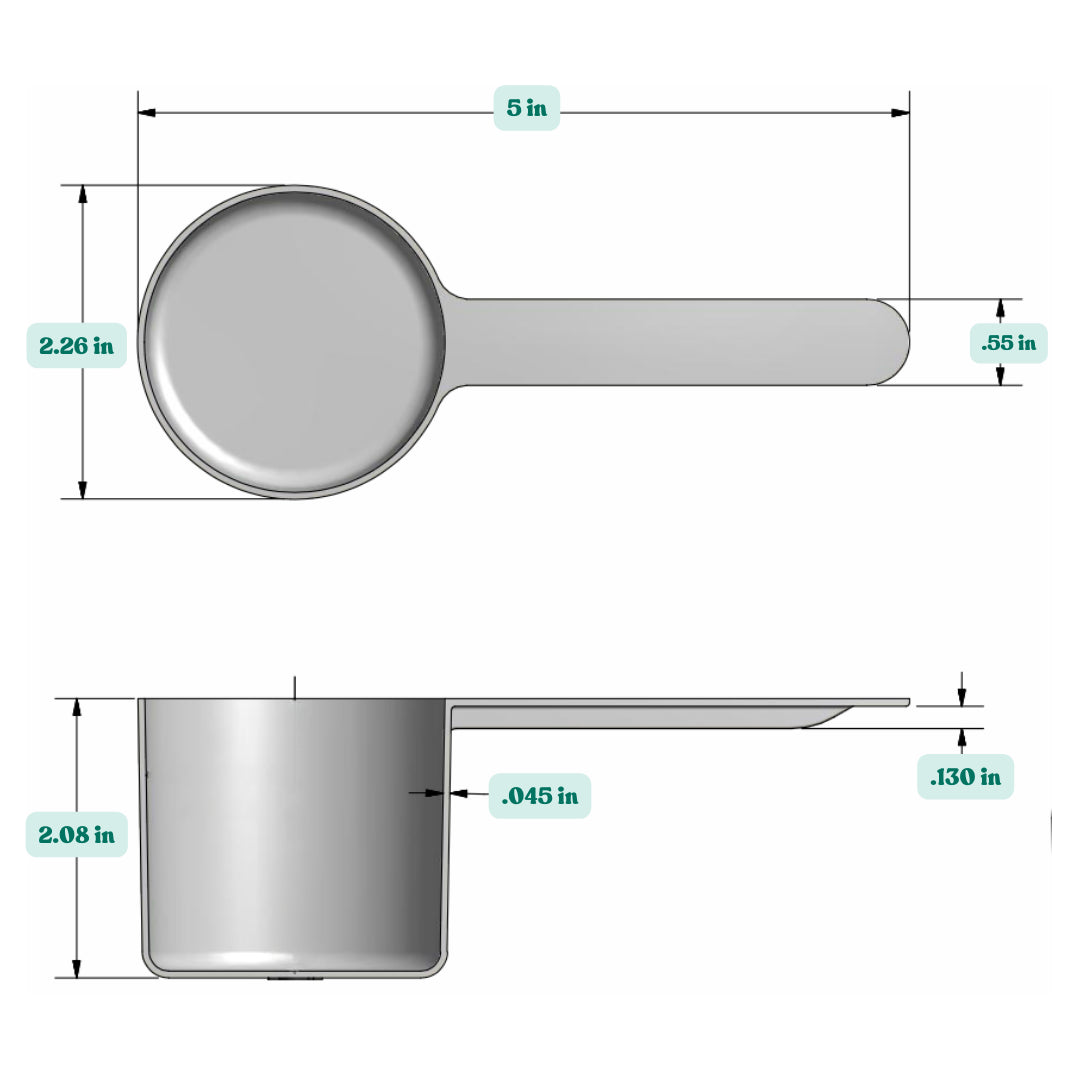 Graphic showing a 118.4 cc, 1/2 Cup, 4 fl. oz, 118.4 mL plastic measuring scoop with labeled height and width dimensions.