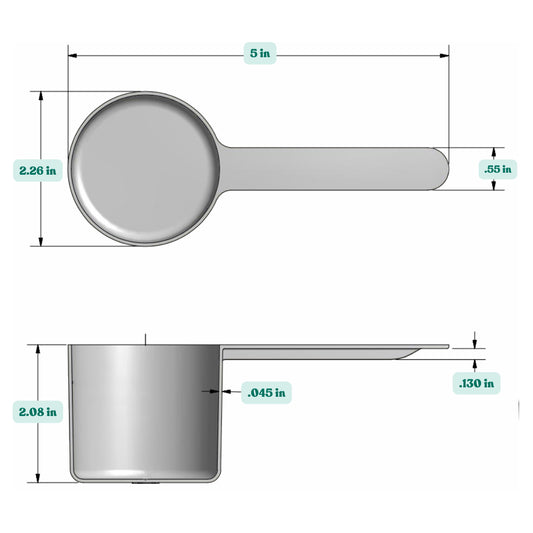 Graphic showing a 118.4 cc, 1/2 Cup, 4 fl. oz, 118.4 mL plastic measuring scoop with labeled height and width dimensions.