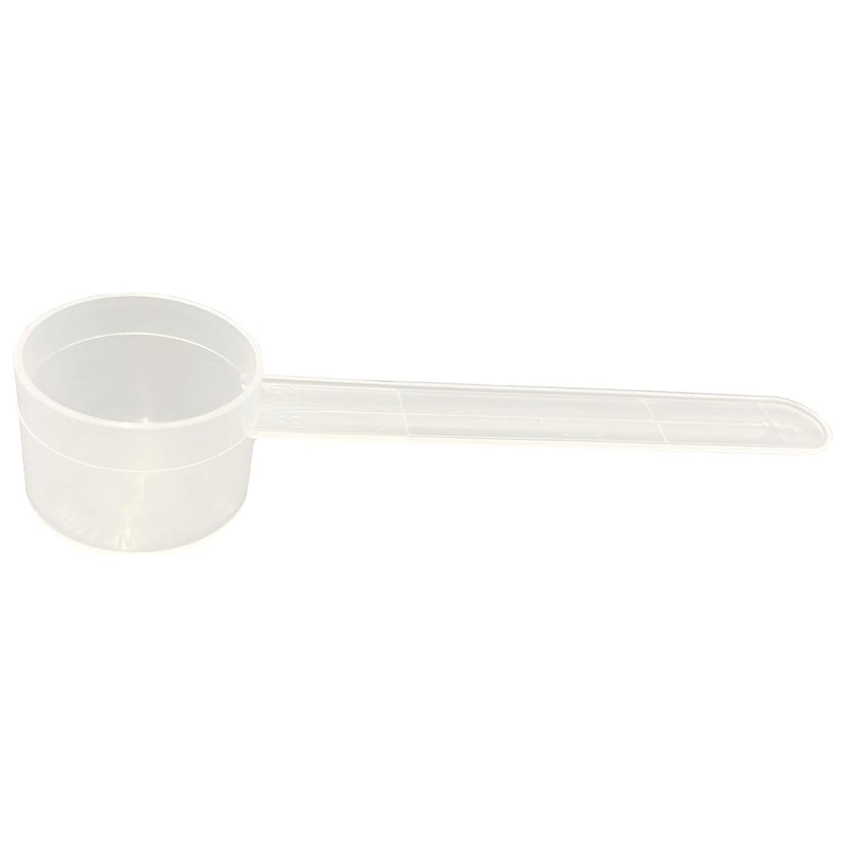 A clear plastic measuring scoop, 13 mL (13 cc), used for supplements, protein powder, liquid, or bulk dry ingredients