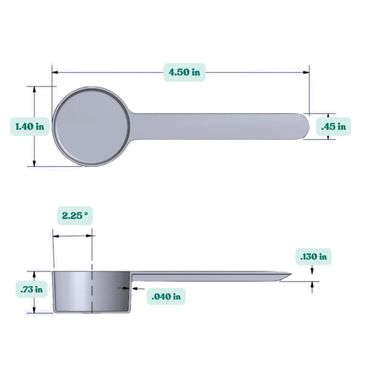 Graphic showing a 14.8 cc, 1 tablespoon,  plastic measuring scoop with labeled height and width dimensions.
