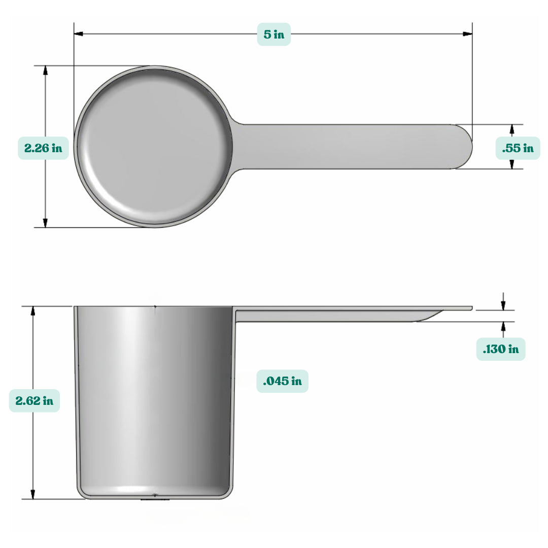 Graphic showing a 5 oz (148 cc) plastic measuring scoop with labeled height and width dimensions.