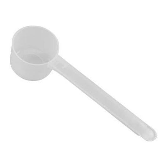 A clear plastic measuring scoop, 18 mL (18 cc), used for supplements, protein powder, liquid, or bulk dry ingredients