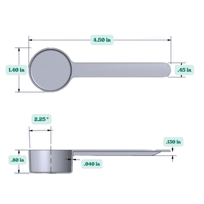 Graphic showing a 18 mL (18 cc) plastic measuring scoop with labeled height and width dimensions.