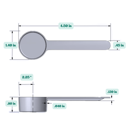 Graphic showing a 18 mL (18 cc) plastic measuring scoop with labeled height and width dimensions.