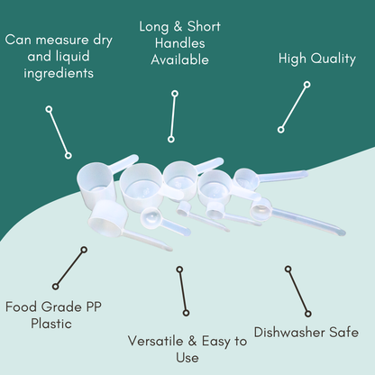 Graphic showing a pile of polypropylene plastic measuring scoops with callouts highlighting features like durability, reusability, and accuracy.