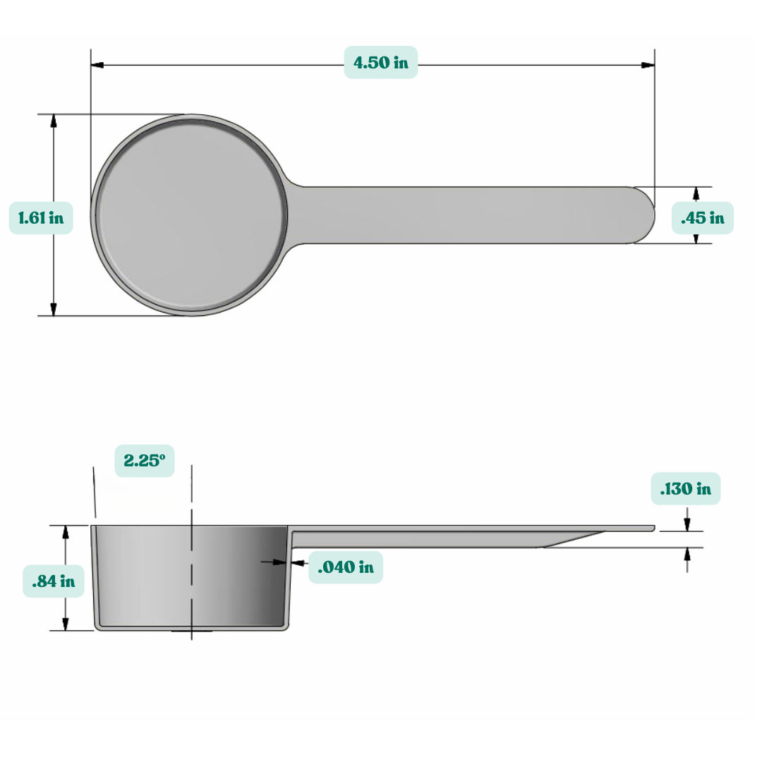 Graphic showing a 23 mL, 23 cc, 1 1/2 tablespoon , plastic measuring scoop with labeled height and width dimensions.