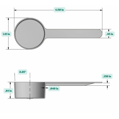 Graphic showing a 23 mL, 23 cc, 1 1/2 tablespoon , plastic measuring scoop with labeled height and width dimensions.