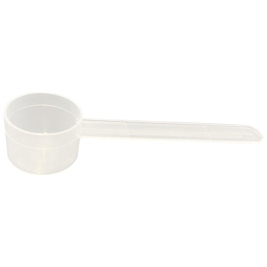 A clear plastic measuring scoop, 5 Teaspoon (25 cc), used for supplements, protein powder, liquid, or bulk dry ingredients