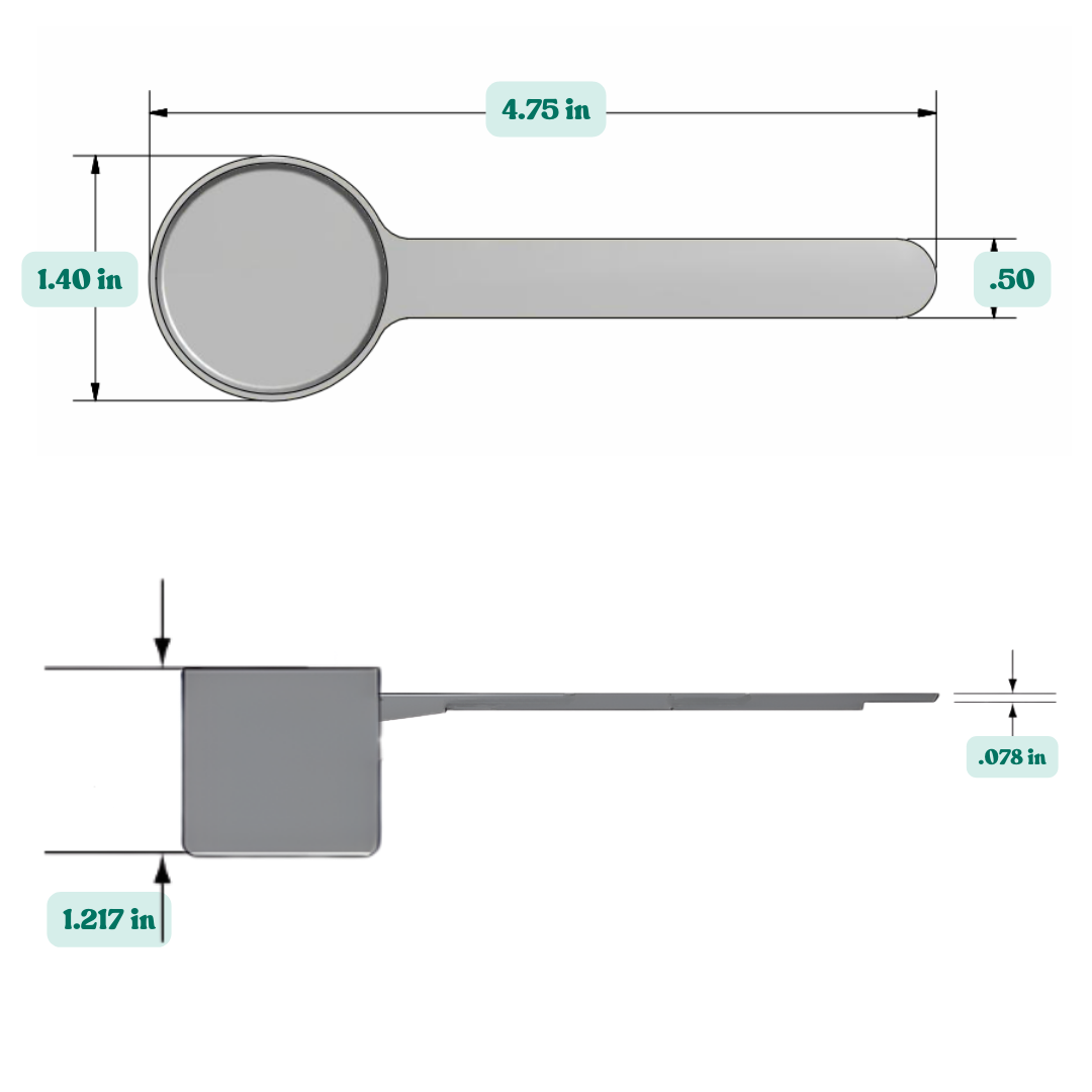 Graphic showing a 5 teaspoon (25 cc) plastic measuring scoop with labeled height and width dimensions.