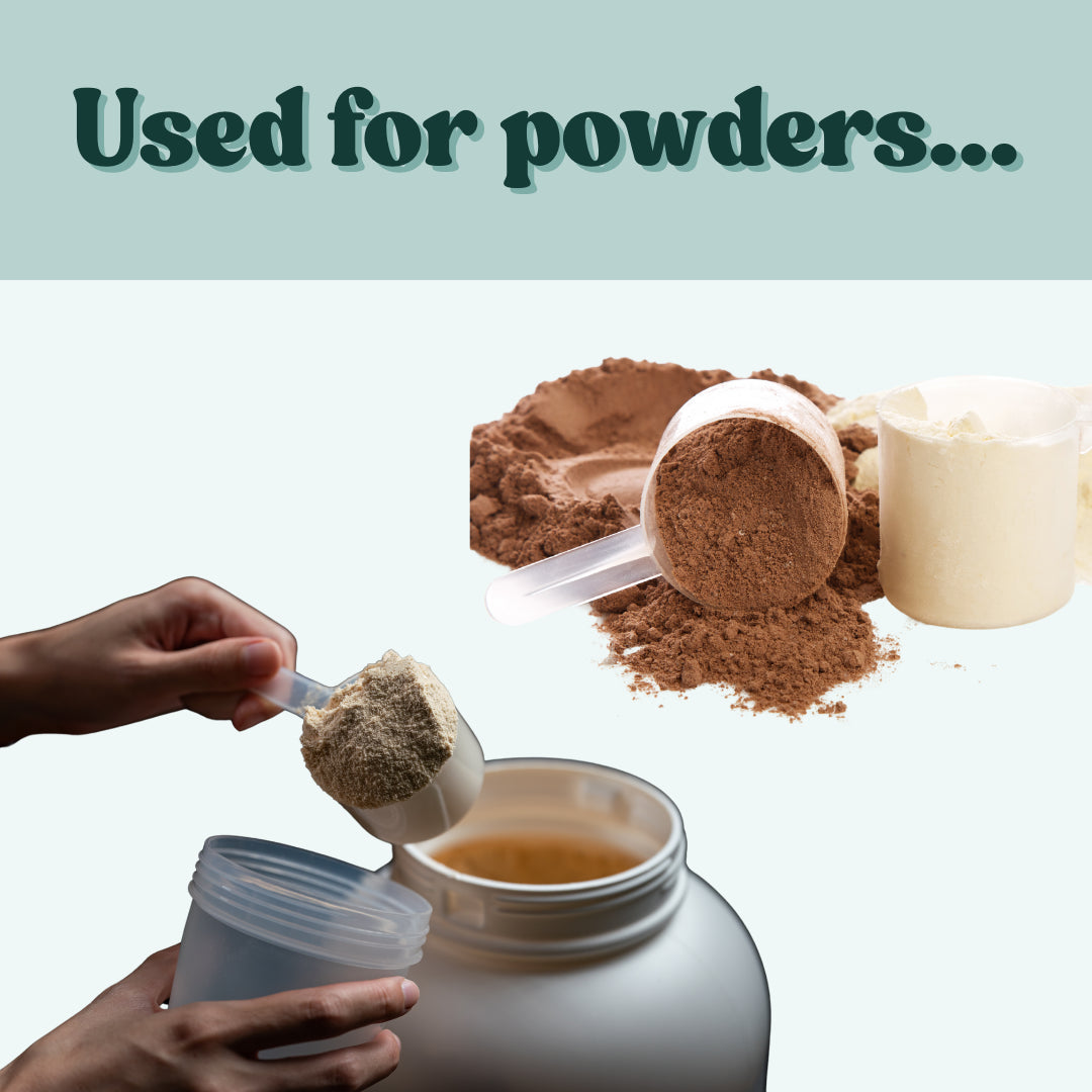Polypropylene measuring scoops filled with powders, protein powder, and supplements, showing their versatile use.
