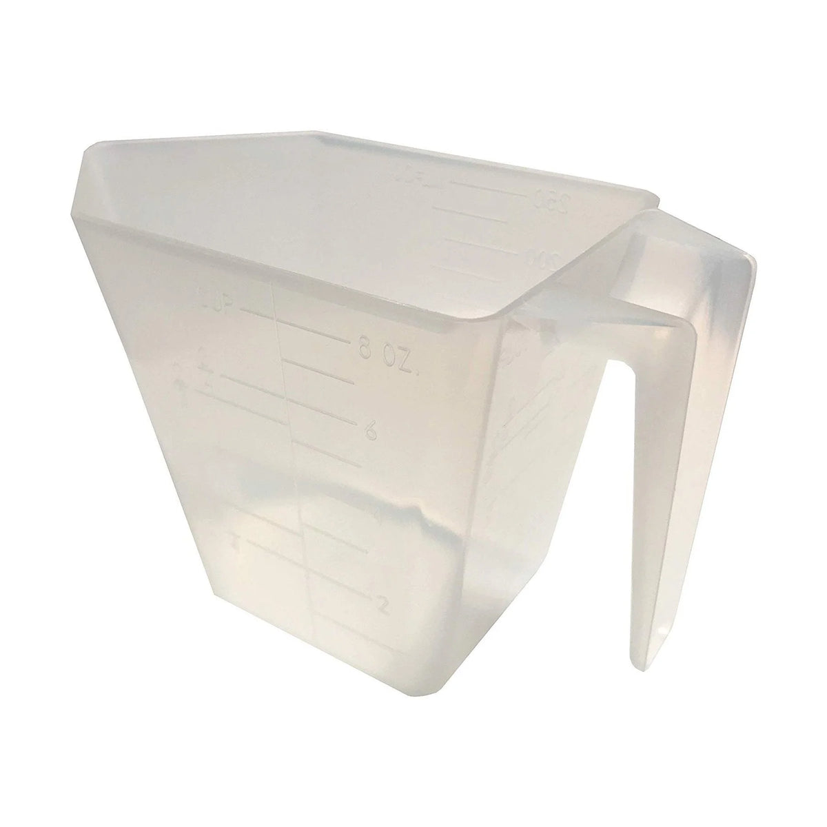 A clear plastic measuring scoop, 250 cc, 1 Cup, 8 fl oz, used for supplements, protein powder, liquid, or bulk dry ingredients
