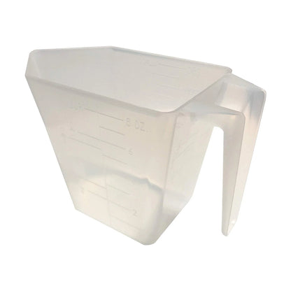 A clear plastic measuring scoop, 250 cc, 1 Cup, 8 fl oz, used for supplements, protein powder, liquid, or bulk dry ingredients