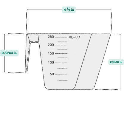 Graphic showing a 250 cc, 1 Cup, plastic measuring scoop with labeled height and width dimensions.