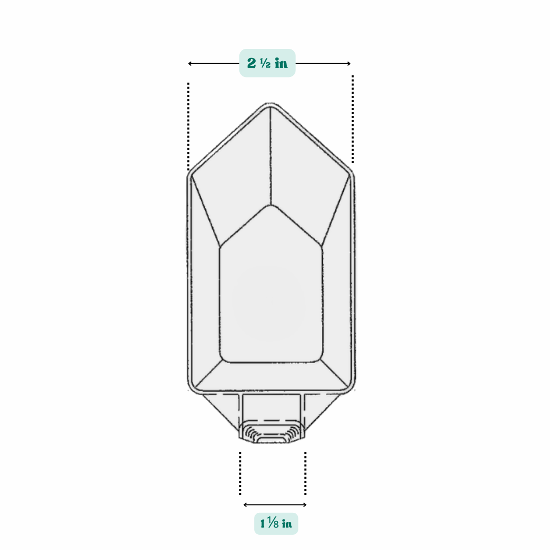Graphic showing a 8 fl oz, 250 mL,  plastic measuring scoop with labeled height and width dimensions.