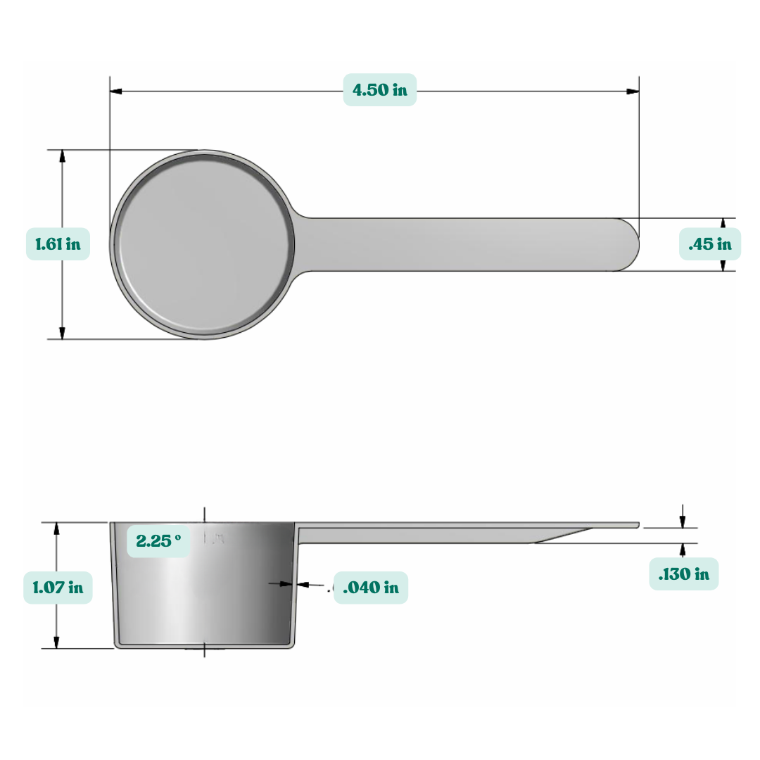 Graphic showing a 1 fl oz (29.6 cc) plastic measuring scoop with labeled height and width dimensions.