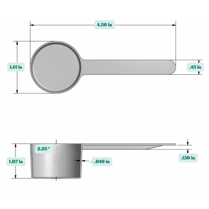 Graphic showing a 1 fl oz (29.6 cc) plastic measuring scoop with labeled height and width dimensions.