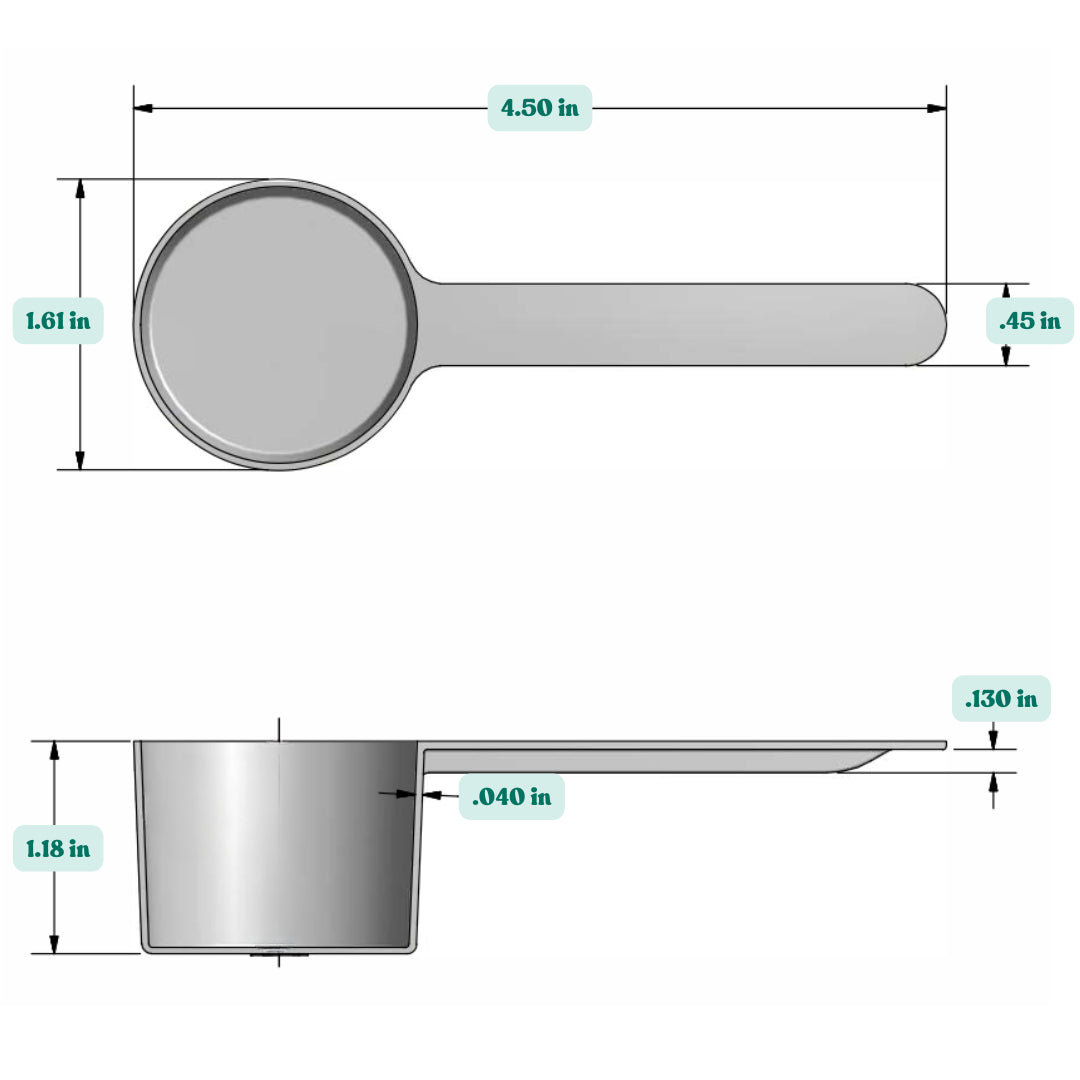 Graphic showing a 1.8 oz (32 cc) plastic measuring scoop with labeled height and width dimensions.