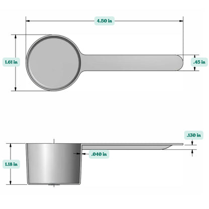 Graphic showing a 1.8 oz (32 cc) plastic measuring scoop with labeled height and width dimensions.