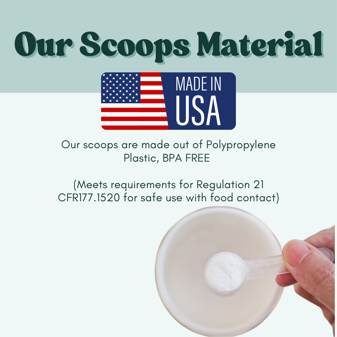 Polypropylene measuring scoop with labels indicating it is BPA-free and proudly made in the USA.