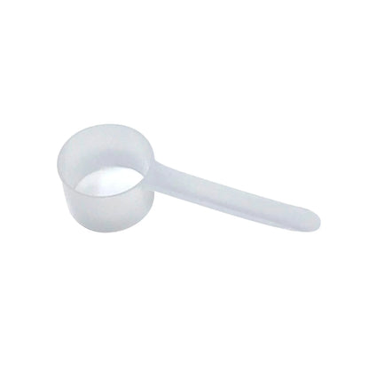 A clear plastic measuring scoop, 39 cc, 39 mL, used for supplements, protein powder, liquid, or bulk dry ingredients