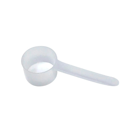 A clear plastic measuring scoop, 39 cc, 39 mL, used for supplements, protein powder, liquid, or bulk dry ingredients
